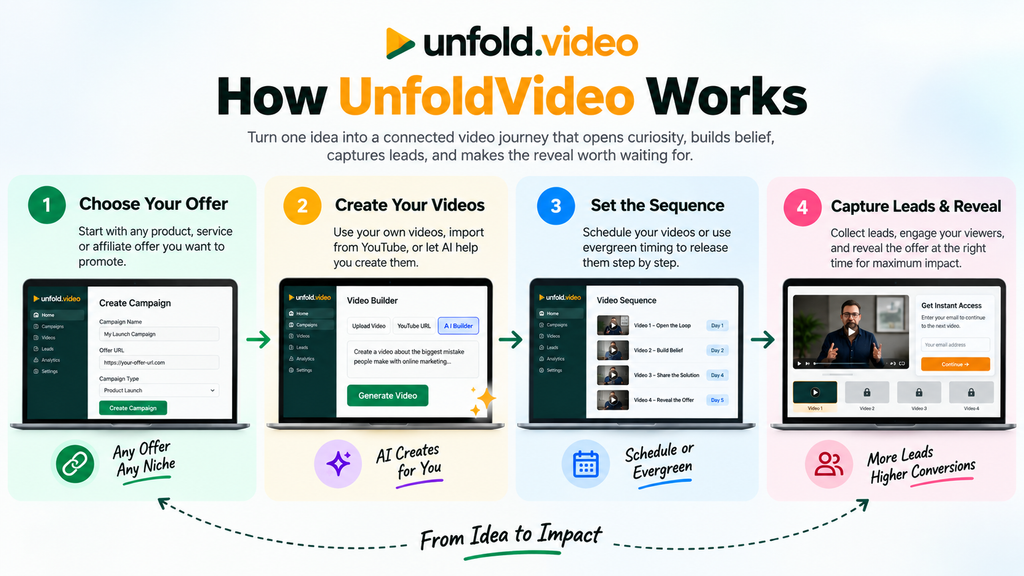How UnfoldVideo works in four steps, from choosing an offer and creating videos to scheduling the funnel, capturing leads, and revealing the offer