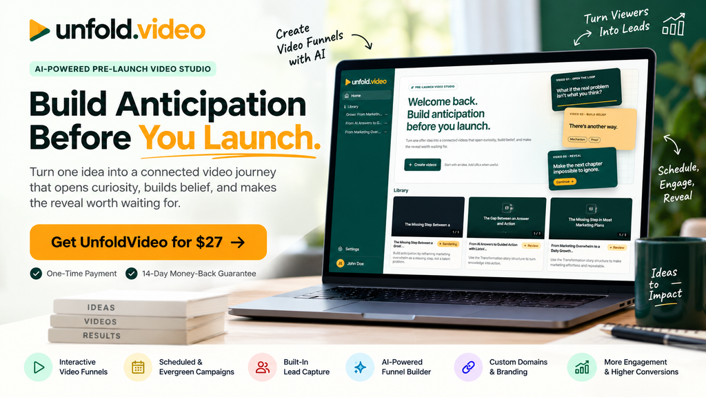 UnfoldVideo AI pre-sell video funnel platform showing interactive video campaigns, lead capture, scheduled releases and AI funnel building