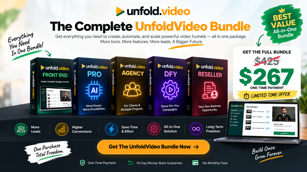 UnfoldVideo Bundle showing the complete video funnel package with Core, Pro, Unlimited, DFY funnels, Reseller access, and one-time pricing